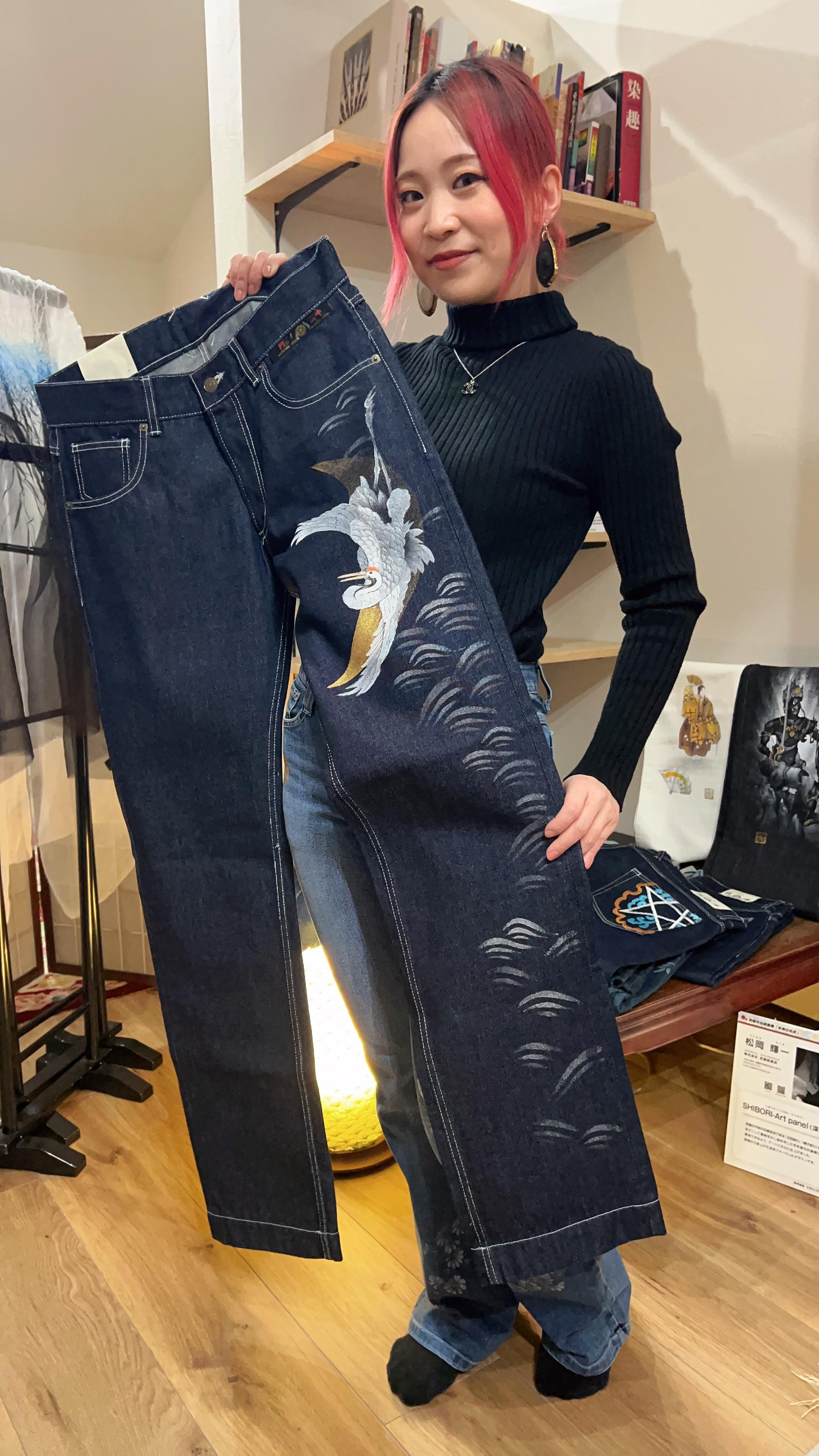 友禅ジーンズ　【鶴柄入り】／京都絞美京：京鹿の子絞の商品画像